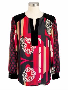 Chico's Colorful Asian Print Velvet Trim Popover V-Neck Top Sz 3 (XL) Career
